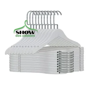 Kit com 10 Cabides Madeira Infantil Branco com Barra com Gancho Luxo Cromado - 4277BC