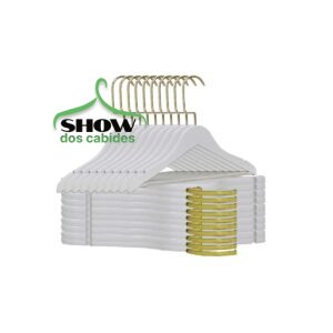 Kit com 10 Cabides Madeira Infantil Branco com Barra com Gancho Luxo Dourado - 4277RB