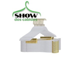 Kit com 10 Cabides Madeira Branco com Gancho Luxo com Presilha Dourada - 4221BD