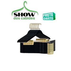 Kit com 10 Cabides Madeira Preto com Gancho Luxo Dourado com Presilha  Dourada - 4222PD - Frete Grátis