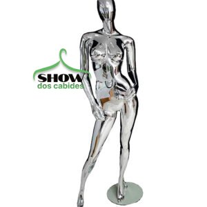 Manequim Feminino Mão no Bolso Estilosa Plastico Importado F03 Cara Ovo Cromado Base Vidro - 0903CR