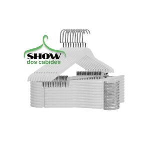 Kit com 10 Cabides Madeira com Gancho Luxo com Presilha Cromada Branco - 4222BS
